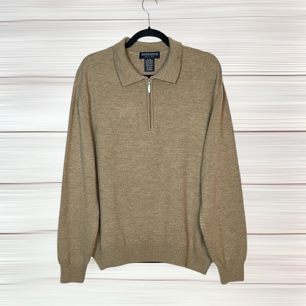 Hathaway Platinum Mens XL 1/4 Zip Merino Wool Sweater Tan Italy Excellent